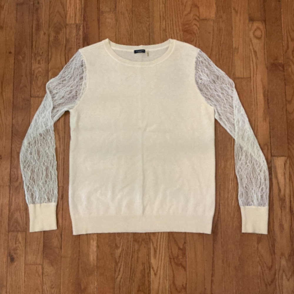 Magaschoni ivory cashmere lace sleeve womens pullover sweater Large